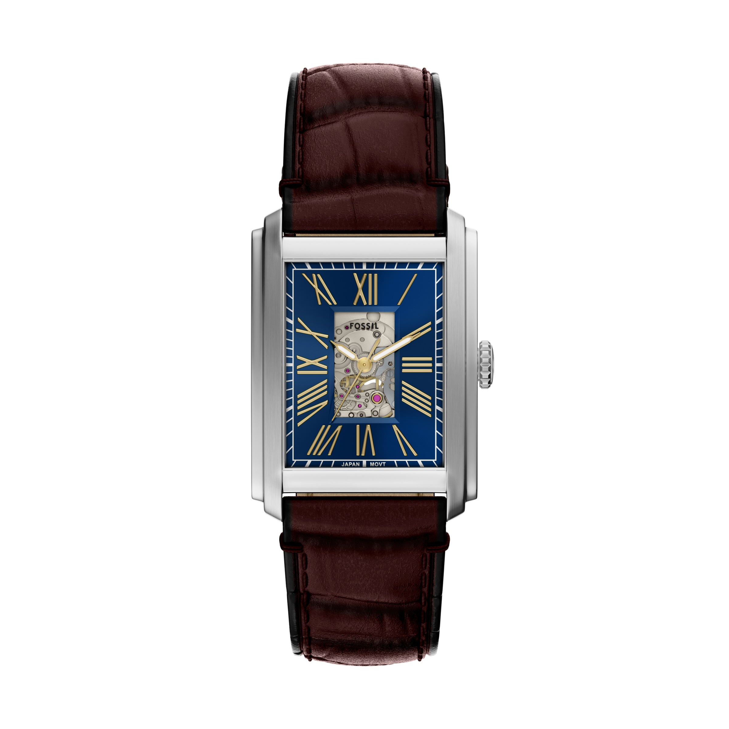 Automatikuhr FOSSIL "CARRAWAY", braun, blau, Armbanduhren, Damen, Automatikuhr, Armbanduhr, Herrenuhr, Mechanische Uhr, Lederarmband, analog