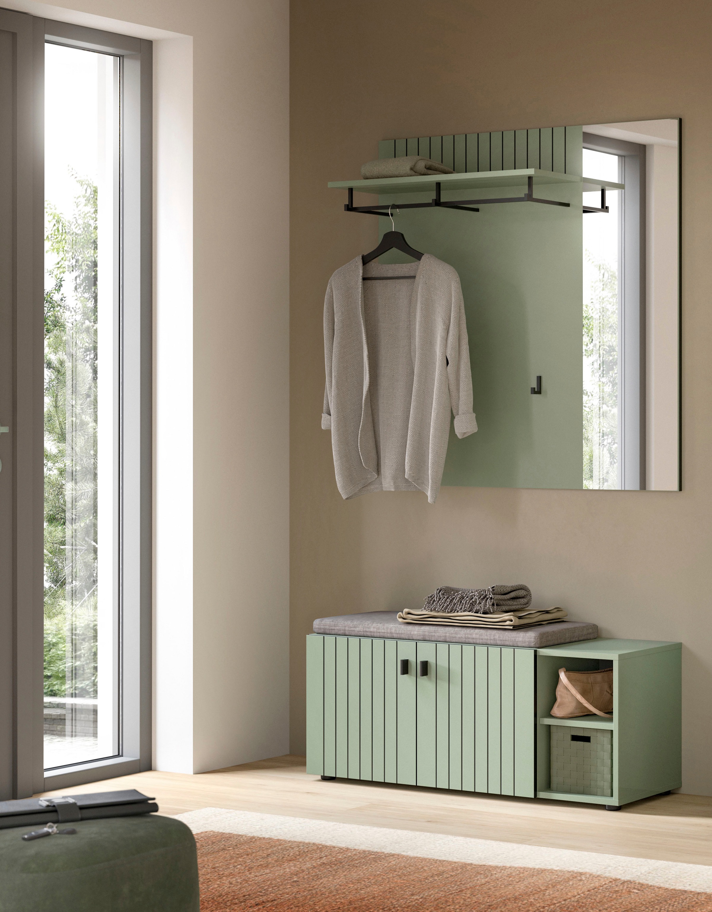 Garderoben-Set INOSIGN "TATIO, 3-tlg. Garderobenkombination, Breite: 106 cm, Rillenfräsung", smoke grün nachbildung, B:106cm H:192cm T:37cm, Holzwerkstoff, Kastenmöbel-Sets, Garderobenkombination, Kombi, Flur-Möbel, Spiegel,Sitzbank