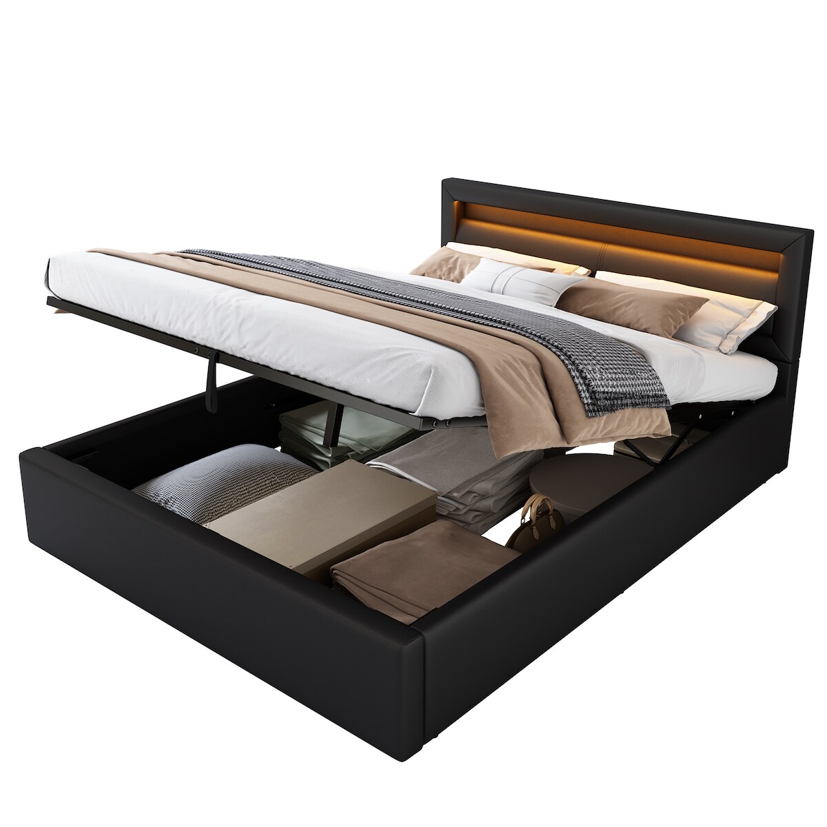 Polsterbett 140x190 cm mit LED-Beleuchtung und Stauraum – Modernes Design in Schwarz, inkl. Lattenrost und gepolstertem Kopfteil Image