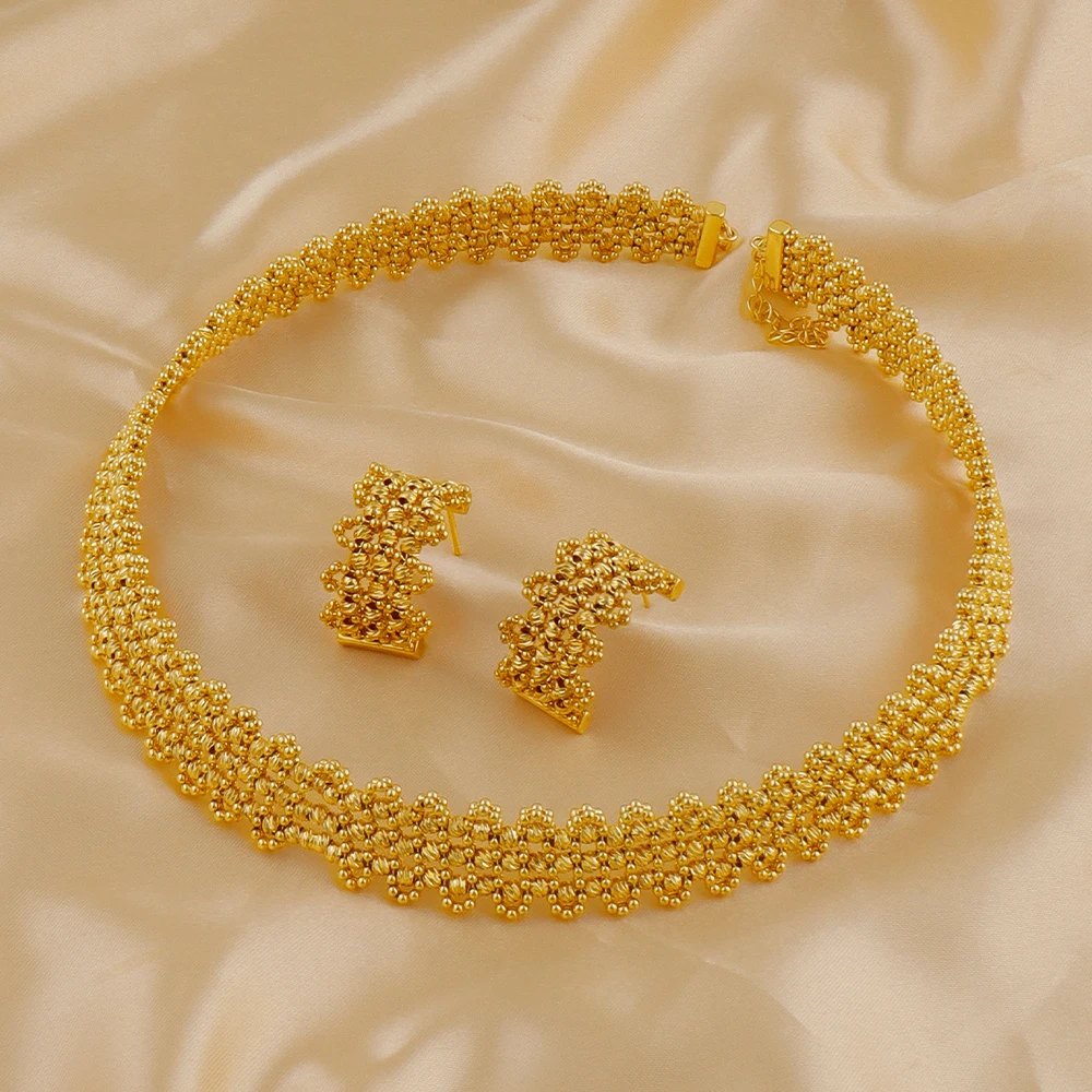 Dubai Bridal Vollperlen-Halsband-Halsketten- und Ohrringe-Set, luxuriöse goldfarbene Schmucksets für Frauen, Hochzeitsfeier-Schmuckfrau, Image