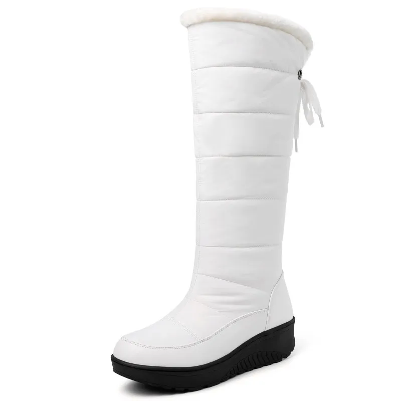 Wasserdichte Winter Schuhe Frau Schnee Stiefel 2024 Warme Pelz Plüsch Casual Keil Kniehohe Stiefel Mädchen Schwarz Weiß Regen Schuhe damen