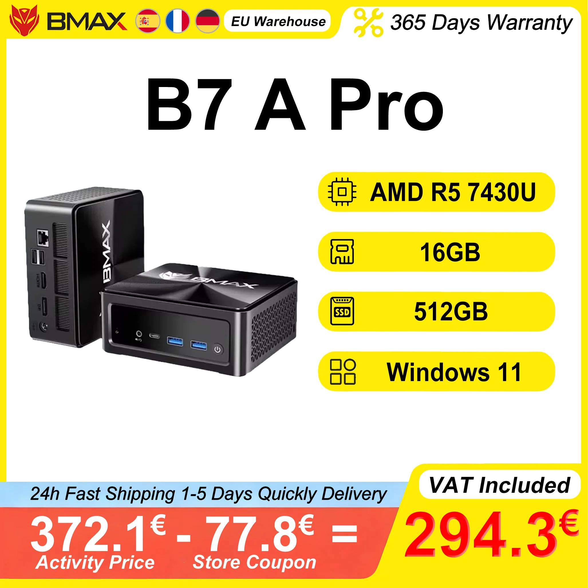 BMAX B7 A Pro Mini-PC DDR4 16 GB RAM 512 GB ROM AMD Ryzen 5 7430U unterstützt 4K @ 60 Hz Windows 11 Wi-Fi 6 Image