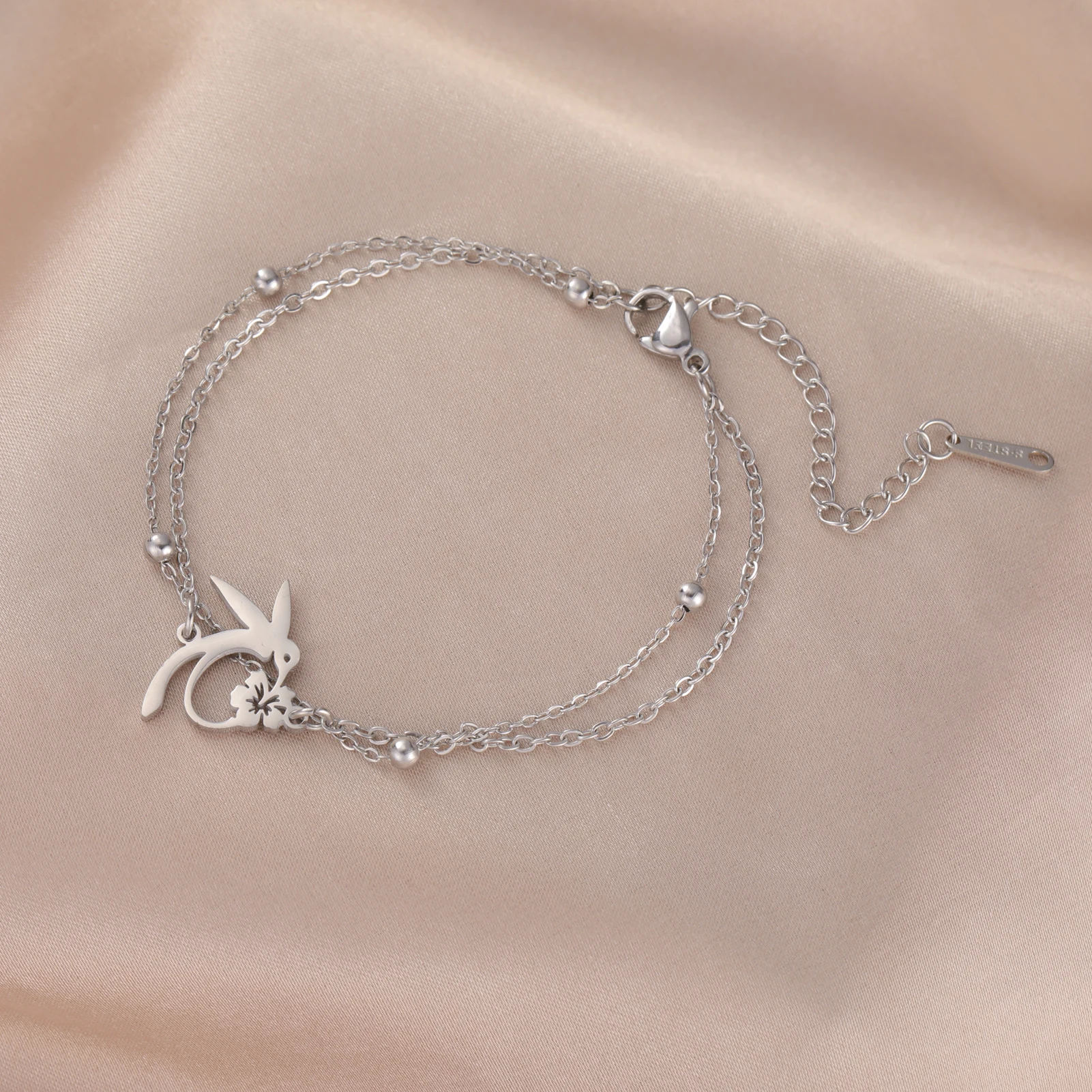 Skyrim Kolibri-Blumen-Charm-Armbänder für Damen, Edelstahl, goldfarben, doppellagige Perlen, Kettenarmband, böhmischer Schmuck Image