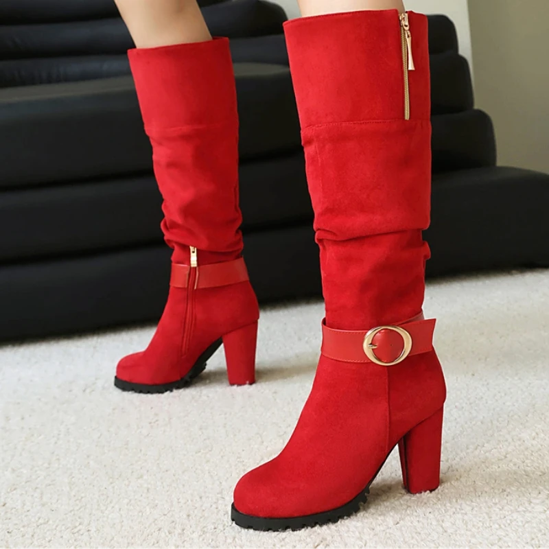 Rote kniehohe Stiefel für Damen, sexy Schnalle, dicke High Heels, Schwarz, Grün, Beige, langer Stiefel, Herbst-Winter-Schuhe, Schuhe, große Größe 44