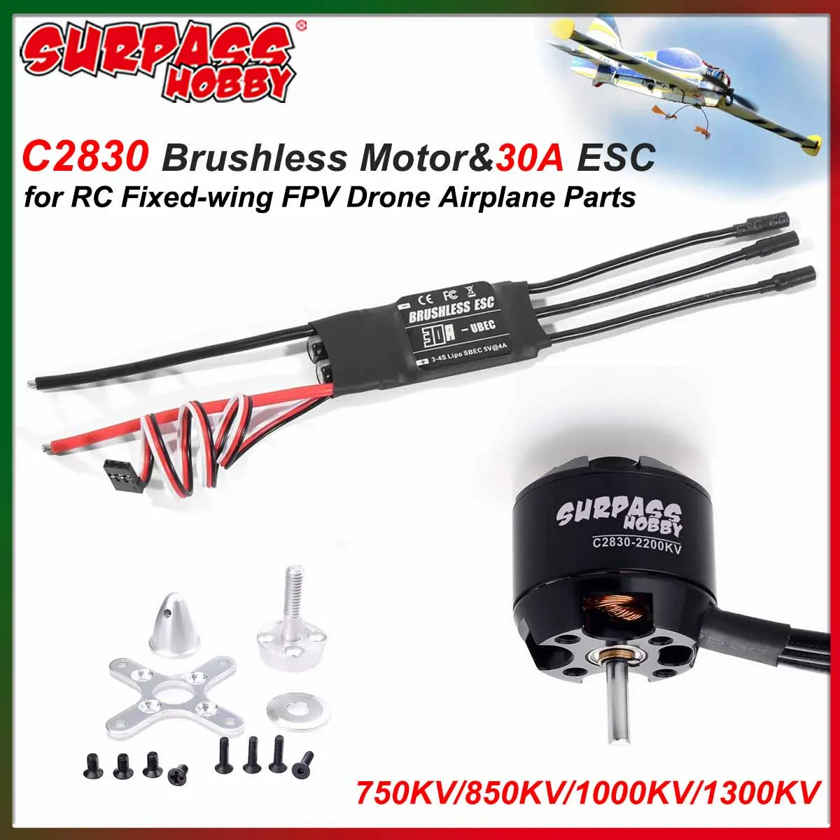 SURPASS HOBBY C2830 Bürstenloser Motor mit 30A ESC 750KV 850KV 1000KV 1300KV für RC Starrflügel-FPV-Drohnen-Segelflugzeug