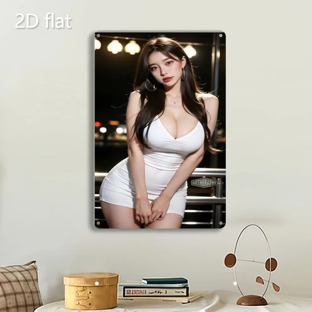 Modisches Porträt-Blechschild, 2D-Wanddekoration – wetterfestes Eisen mit vorgebohrten Löchern, hängende Kunst für drinnen und draußen, für Zuhause Image