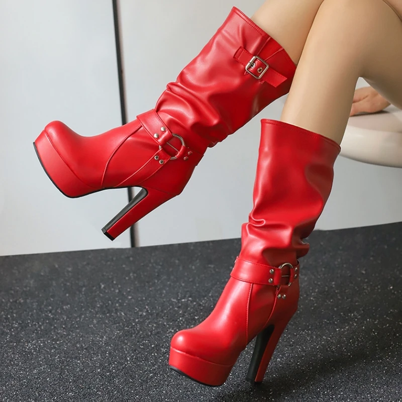 Kniehohe Stiefel für Damen, sexy Plissee-Herbst-Winter-Schuhe, Schwarz, Rot, Weiß, langer Stiefel mit Absatz, Damenschuhe, große Größe 50, neue Trends