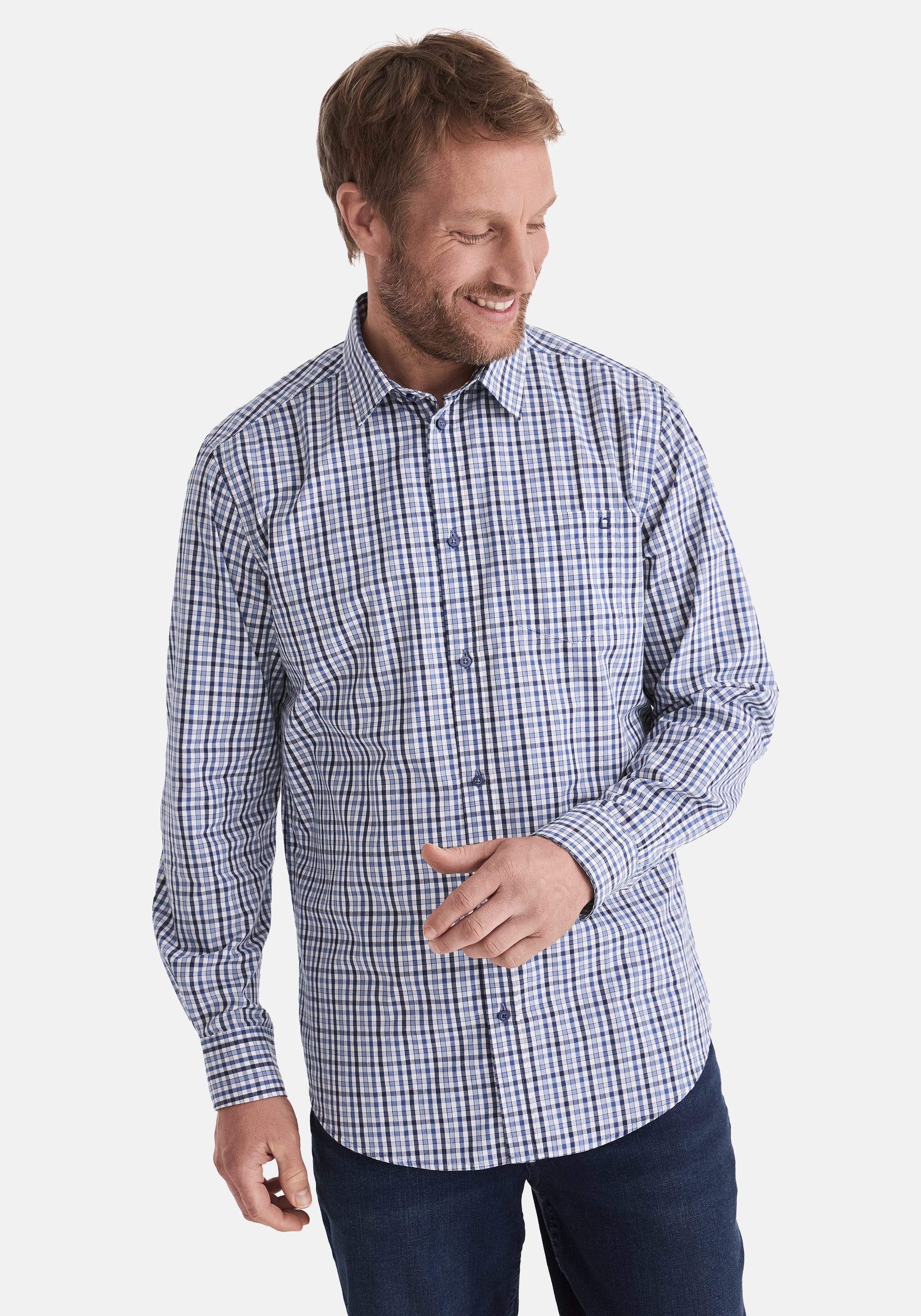 Langarmhemd STOOKER MEN "HUGH Hemd Langarm Regular Fit", Herren, Gr. XXL, US-Größen, blau (blau check), Web, 60% Baumwolle, 40% Polyester, regular fit, Hemden, Langarm Hemd Regular Fit für Herren