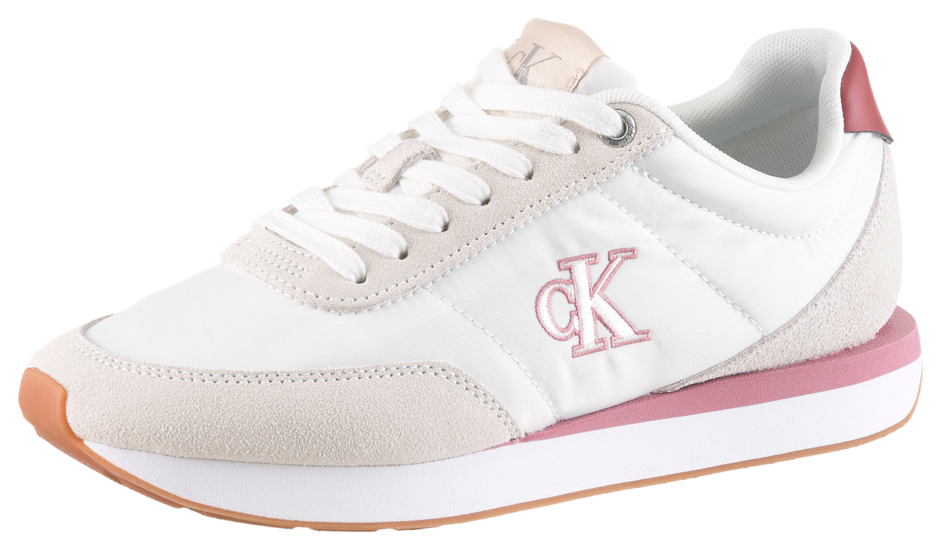 Keilsneaker CALVIN KLEIN "RETRO RUNNER ESS MIX MAT", Damen, Gr. 42, weiß, rose, Textil, Veloursleder, kontrastfarbene Details, Schuhe, Schnürschuh, Halbschuh, Freizeitschuh mit leichter Laufsohle