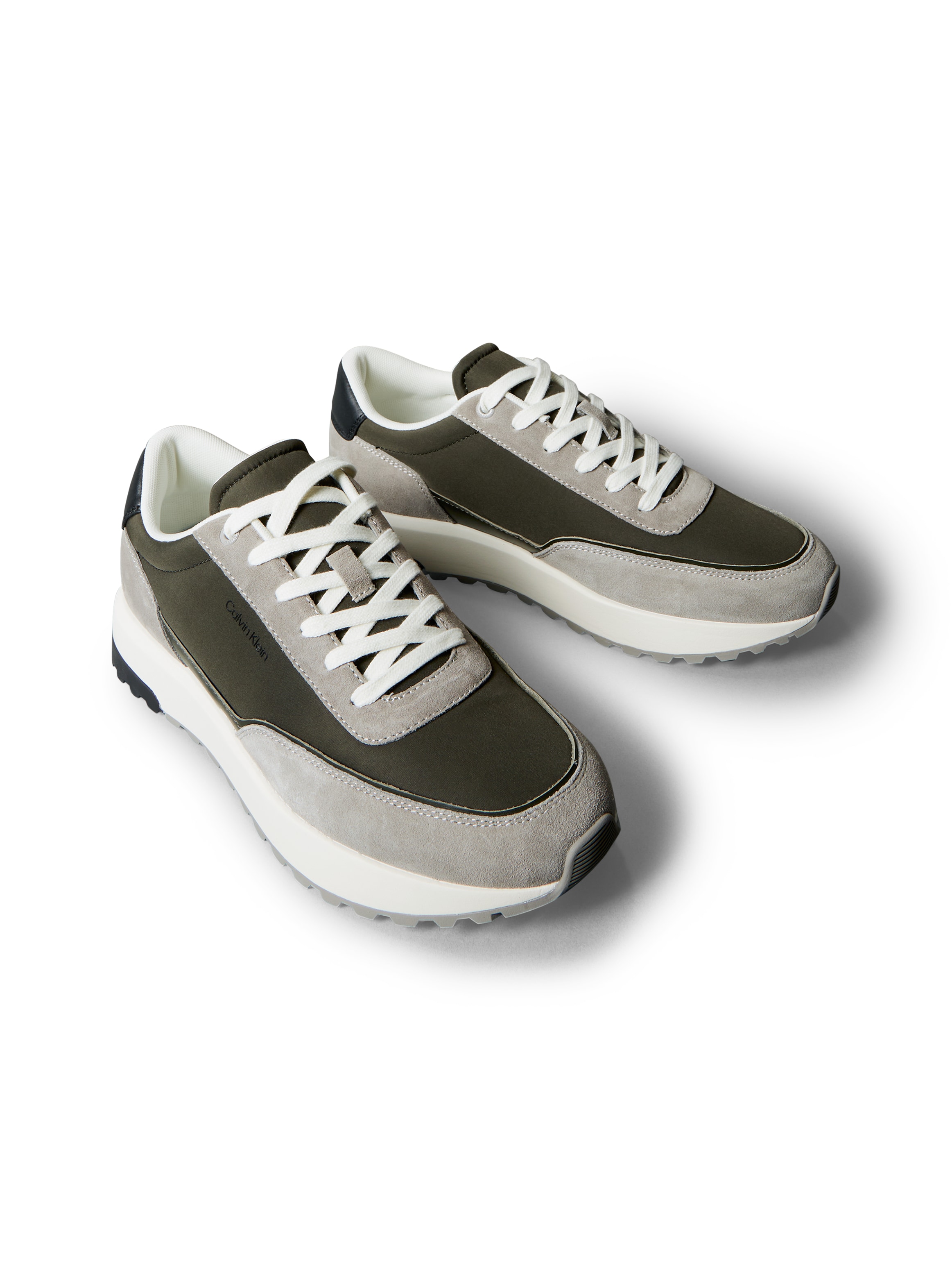 Plateausneaker CALVIN KLEIN "LOW TOP LACE UP REPREVE MIX", Herren, Gr. 45, grau, schwarz khaki, schwarz, Leder, Textil, kontrastfarbene Details, Schuhe Plateausneaker, Schnürschuh, Halbschuh, Freizeitschuh mit Profilsohle