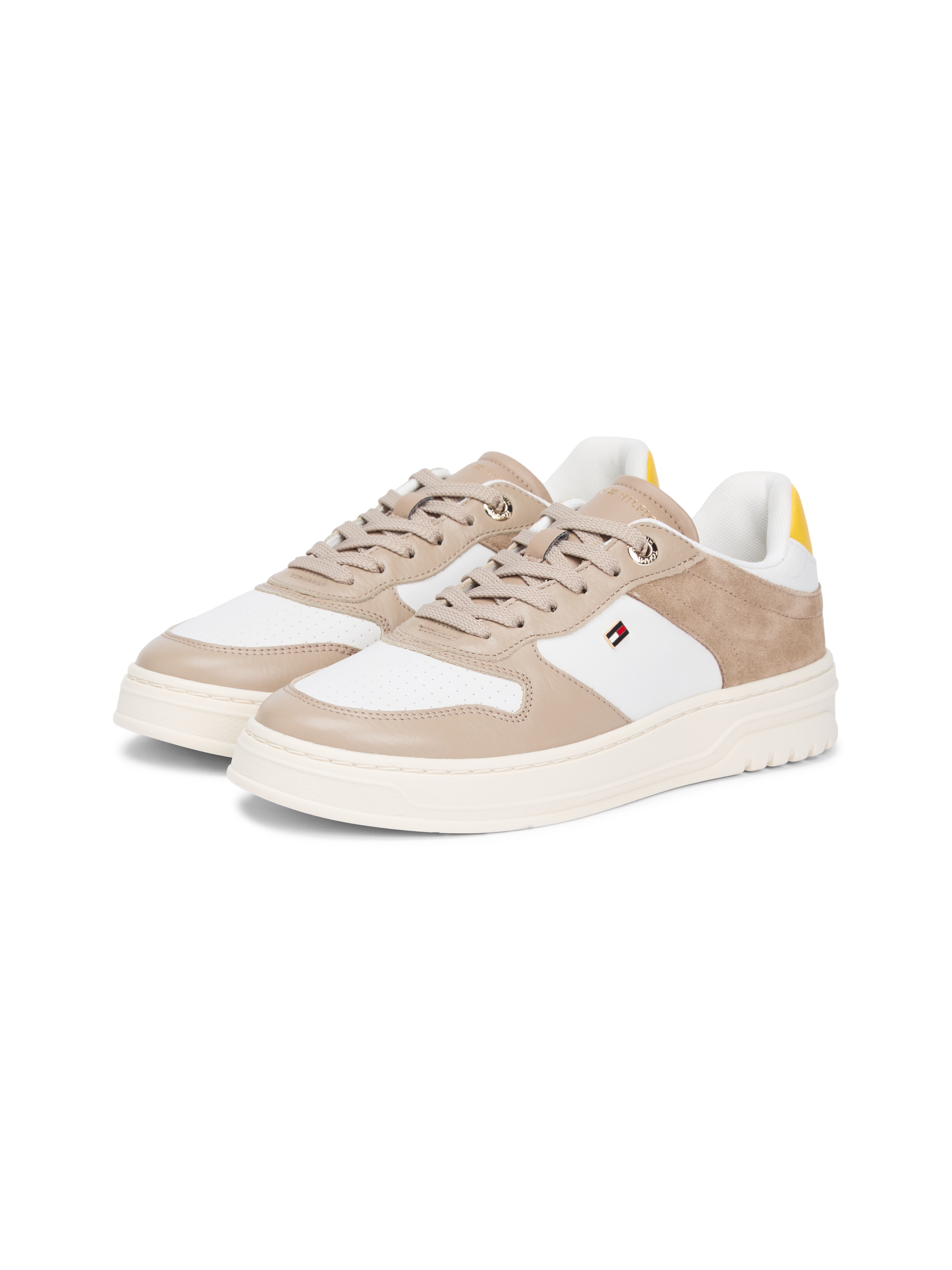 Plateausneaker TOMMY HILFIGER "TH SPORTY CUPSOLE TUMBLED LTR", Damen, Gr. 39, taupe, weiß, gelb, Leder, Schuhe
