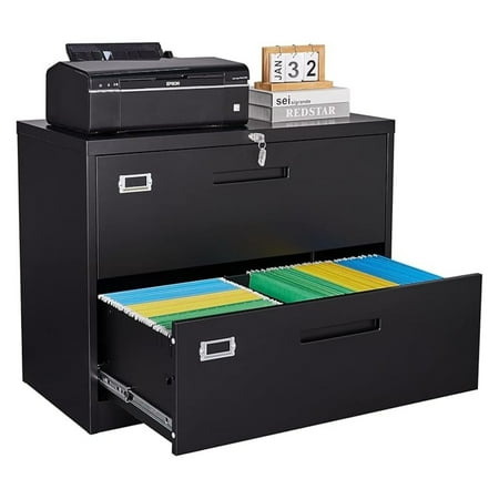 2 Drawer Lateral File Cabinet with Lock Black Lateral Filing Cabinet Horizontal Metal Filing Cabinet Locked Wide Two Drawer File Cabinet for Office Home Fit A4/F4/Letter/Legal File