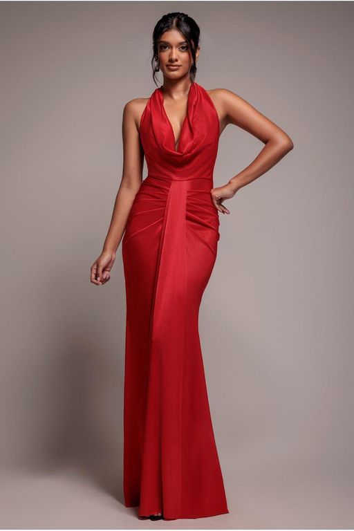 Open Back Cowl Neck Maxi Dress - Red - Goddiva Dresses
