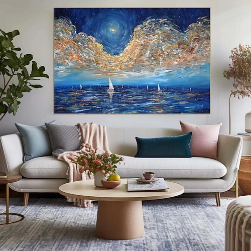 handgemaltes Ölgemälde auf Leinwand, moderne Wanddekoration, Sternenmeer mit kleinem Boot, Szenerie für die Wohnungseinrichtung, auf Keilrahmen gespannt / gerollte Leinwand (ohne Rahmen) Image