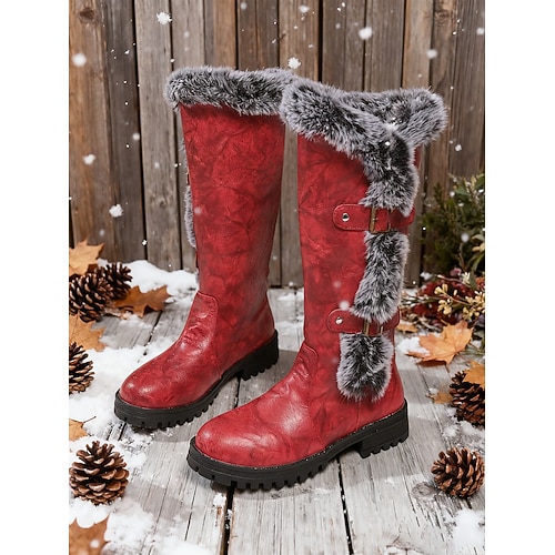 Burgunderrote, kniehohe Winterstiefel für Damen mit schwarzem Kunstpelzbesatz – lässige, lange Reitstiefel für Weihnachten, Schneetage und festliche Outfits Image
