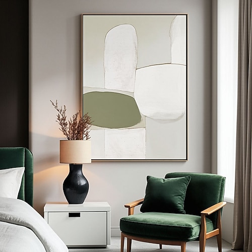 Großes, geometrisches abstraktes Gemälde in Grün, Beige und Schwarz, grüne abstrakte Kunst, beige Wabi-Sabi-Wandkunst, schwarze minimalistische Kunst, Boho-Stil, neutrale Wanddekoration Image