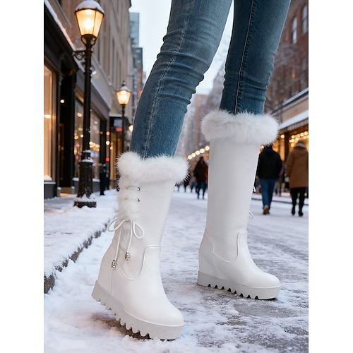 Weiße, mit Kunstfell gefütterte Keil-Schneestiefel für Damen – wasserdichte Winterstiefel mit Schnürung und Plateausohle, stilvoll und bequem für kaltes Wetter und lässige Outdoor-Aktivitäten Image