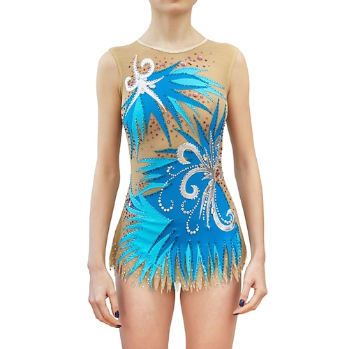 Rhythmische Sportgymnastik-Trikot, Damen- und Mädchen-Eiskunstlauf-Trikot, gefärbt, hochelastisch, professionelle Wettkampf-Eiskunstlaufbekleidung, Kristall-/Strassbesatz, ärmellos Image