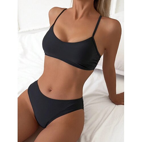 Damen Bikini 2-Teilig Badeanzug Frech Slim Rückenfrei Urlaubs Strandbekleidung Einfarbig V-Ausschnitt Ärmellos Bademode Image