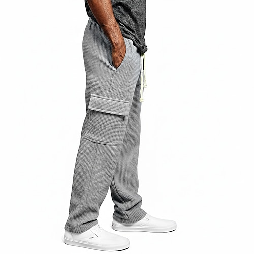 Herren Waffel Cargo-Hosen Cargo-Jogginghose Hose Gerade geschnittene Sweatpants Kordelzug Elastischer Bund Mehrere Taschen Einfach Feuchtigkeitsableitend Atmungsaktiv Volle Länge Sport im Freien Image