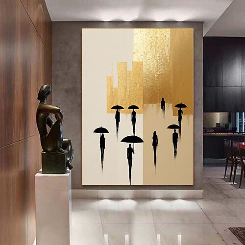 Neues, handgemaltes, hochwertiges Ölgemälde mit Goldfolienprägung auf Leinwand: abstrakte Stadtansicht mit Menschen im Regen – moderne Wanddekoration für Zuhause. Image