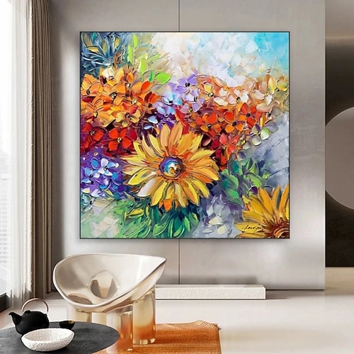 Handgemaltes Ölgemälde auf Leinwand, abstraktes Blumenmotiv, Wanddekoration für Zuhause, auf Keilrahmen gespannt / gerolltes, ungespanntes Gemälde Image