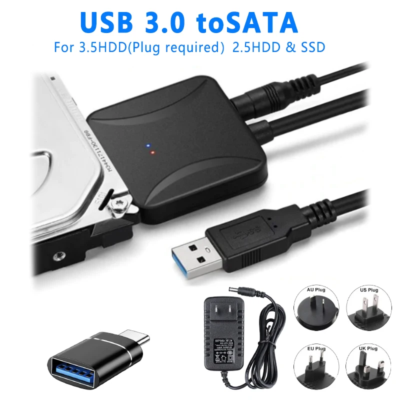 SATA-zu-USB-Adapter, USB 3.0-zu-SATA III-Festplattenadapter für 2,5/3,5-Zoll-SSD/HDD-Datenübertragungsadapter mit 12 V/2 A Strom und Typ auf USB Image