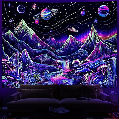 Schwarzlicht-Berg-Wandteppich, psychedelischer Pflanzen-Blumen-Wandteppich, UV-reaktive Galaxie-Planeten-Wandteppiche, Neon-Wasserfall-Landschafts-Wandteppiche, Wandbehang für die Heimdekoration Image