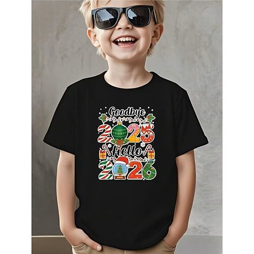 Baumwoll-Kinder-Jungen-Neujahrsparty 2026, schwarz-weißer Grafikbuchstabe T-Shirt mit Nummer, Bluse, Rundhalsausschnitt, Kurzarm, Outdoor- und Alltagskleidung, Streetwear, Designer-Print, Sommer Image
