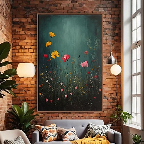 handgemaltes Wildblumenfeld-Gemälde, handgefertigte Wandkunst in Dunkelgrün, farbenfrohes botanisches Vintage-Blumenbild, Leinwandgemälde, mystische, verzauberte Blumenlandschaft, Ölgemälde Image