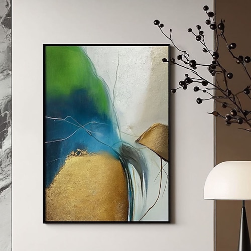 Handgemaltes Ölgemälde mit Goldfolie, modern, in Gold, Blau, Grün und Schwarz, auf Leinwand, handgemalte Wandkunst, 100 % handgemalt, strukturierte Malerei, abstraktes Ölgemälde, Acrylmalerei, Image