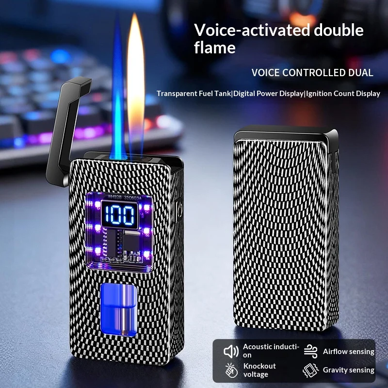 2025 Intelligente sprachgesteuerte Zündung, Doppelflamme, Butan-Gas-Feuerzeug, visuelles Gasfenster, tragbare elektrische Feuerzeuge für den Außenbereich Image