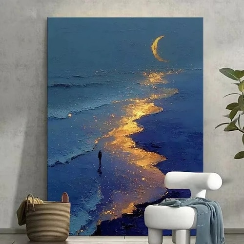 Handgemaltes Ölgemälde auf Leinwand, abstrakte Texturmalerei, goldener Strand über dem Mondaufgang, Dekoration für Wohnzimmer, Eingangsbereich, Wohnaccessoires, gerollt, rahmenlos, ungespannt Image