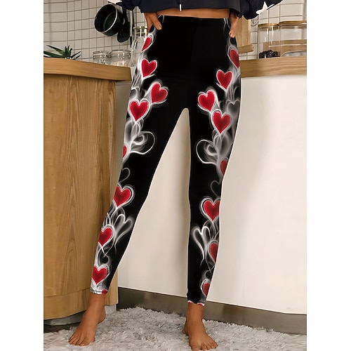 Damen Leggings Gemütliche Leggings Urlaub Lässig Volle Länge Hohe TaillePantsValentinstag Herz Blumen Grafik Drucken Bequem Dehnbar Lässig Täglich Urlaub Schwarz Rote Sommer Frühling Herbst Schmale Image