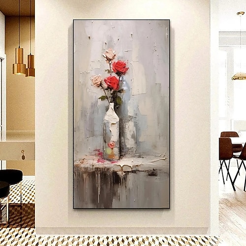 Handgemaltes Ölgemälde auf Leinwand, abstrakter Wabi-Sabi-Stil, graues, hochwertiges, vertikales Blumenstillleben, geeignet für die Wanddekoration, auf Keilrahmen gespannt / gerolltes, ungespanntes Image