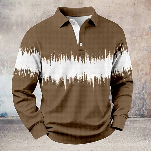 Herren Gestreift Waffel-Poloshirts Rugby-Poloshirt Langarm Polo-Shirts Hemden mit Kragen Lässig Athleisure Alltagskleidung 3D-Druck Knöpfe Frühling Herbst Winter Blau Braun Grün Image