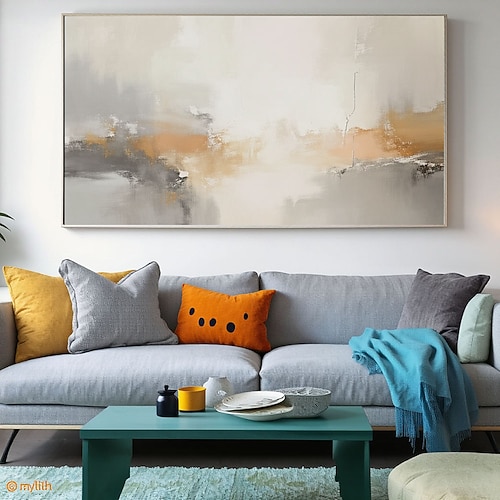 Großes, handgemaltes Ölgemälde in Grau-Gold-Optik mit Struktur, originelles modernes abstraktes Gemälde, handgemalte Acrylbilder, minimalistische Wandkunst für das Wohnzimmer Image