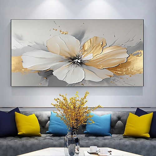 Großes, handgemaltes Ölgemälde mit weißen, abstrakten Blumen, stark strukturierte Ölmalerei auf Leinwand, 3D-Blumenstruktur, florale Wanddekoration für das Wohnzimmer Image