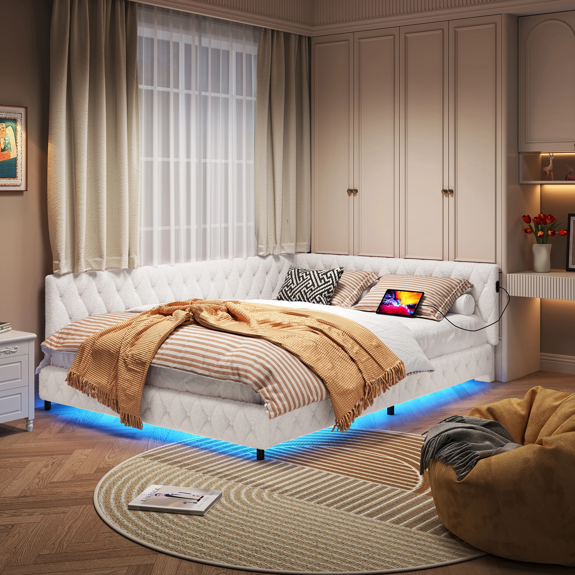 Gepolstertes Schlafsofa 140x200, Schlafsofa mit LED und USB, L-förmiges Tagesbett-Schlafsofa mit Gitter, Babybett, Teddystoff