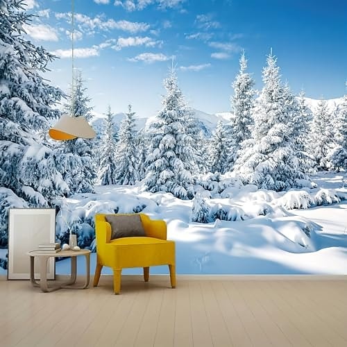 Winterlicher Wandteppich mit Schneewaldmotiv, weißen Alpen und winterlicher Berglandschaft. Wandteppich für Schlafzimmer, Wohnzimmer, Studentenwohnheim, Wanddekoration. Image
