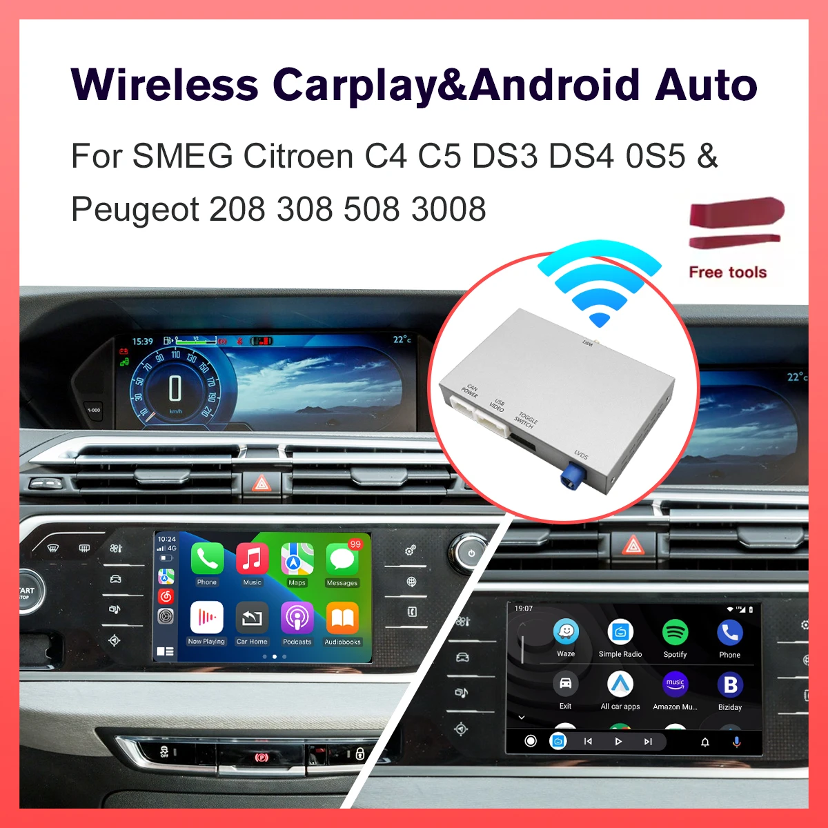 Drahtloses Carplay Android Auto-Decoder-Modul für Peugeot Citroen SMEG MRN Picasso C4 C5 DS4 DS3 308 508 208 3008 Mirror Link Image