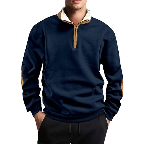 Herren Sweatshirt Fleece-Sweatshirt Pullover Viertelreißverschluss Sweatshirt Schwarz Marineblau Khaki Hellgrau Dunkelgray Stehkragen Halber Reißverschluss Einfach Patchwork Farbblock Sport Outdoor Image