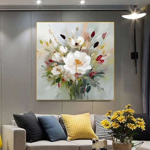 Handgemaltes abstraktes Blumen-Ölgemälde mit leuchtenden, mehrfarbigen Blüten in einer Vase, strukturierte Kunst für Wohnzimmer, Eingangsbereich und Esszimmer Image