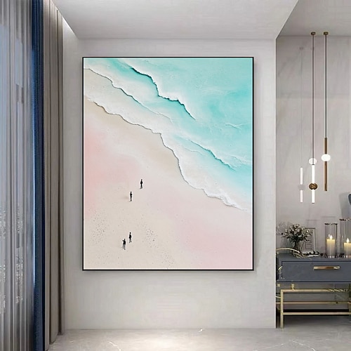 Ölgemälde, handgemalt: Winzige Menschen schwimmen im blauen Ozean. Wandbild, Strandmotiv, Poster, Küstenkunst. Image