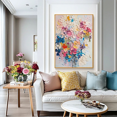 Originales, handgemaltes, farbenfrohes Blumenbild auf Leinwand – ein großes Wandbild, abstrakte Blumenkunst, strukturierte Wandkunst, individuelles Gemälde, Wohnzimmerdekoration, Geschenk Image