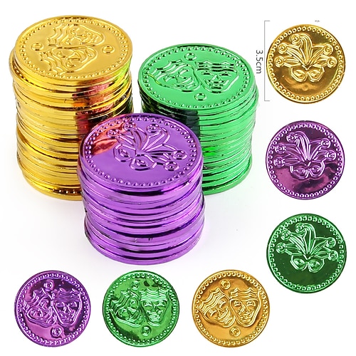 100 Stück Karnevalsmünzen aus Kunststoff, sortiert in Metallic-Gold, Grün und Lila, Großpackung für Karnevalsumzüge und Partygeschenke Image