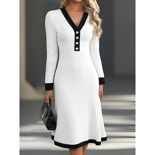 Damen Midikleid A Linie Kleid Elegant Urlaub Lässig Arbeit Straße Date Normale Passform Einfarbig Langarm V Ausschnitt Blau Schwarz Weiß Rote Frühling Herbst Winter Image