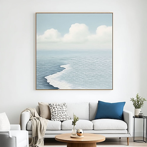 Großes abstraktes Gemälde eines blauen Ozeans, hellblaue abstrakte Ozeankunst, Ozeanwellen-Leinwandgemälde, weiße strukturierte Wandkunst, Ozeanwellen-Wandkunst Image