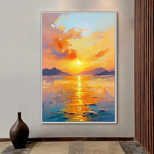 Handgemaltes Ölgemälde auf Leinwand, Wanddekoration, Sonnenaufgang, Meerblick, Landschaft, für die Heimdekoration, gerollt, rahmenlos, ungespannt Image