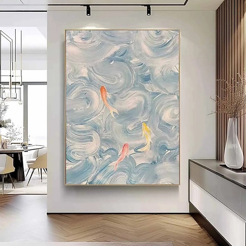 Handgemaltes Ölgemälde auf Leinwand, Wandkunst, Dekoration, Tiermotiv, abstrakte Textur, Fisch, Wohnzimmer, Eingangsbereich, Heimdekoration, gerollt, rahmenlos, ungespannt Image